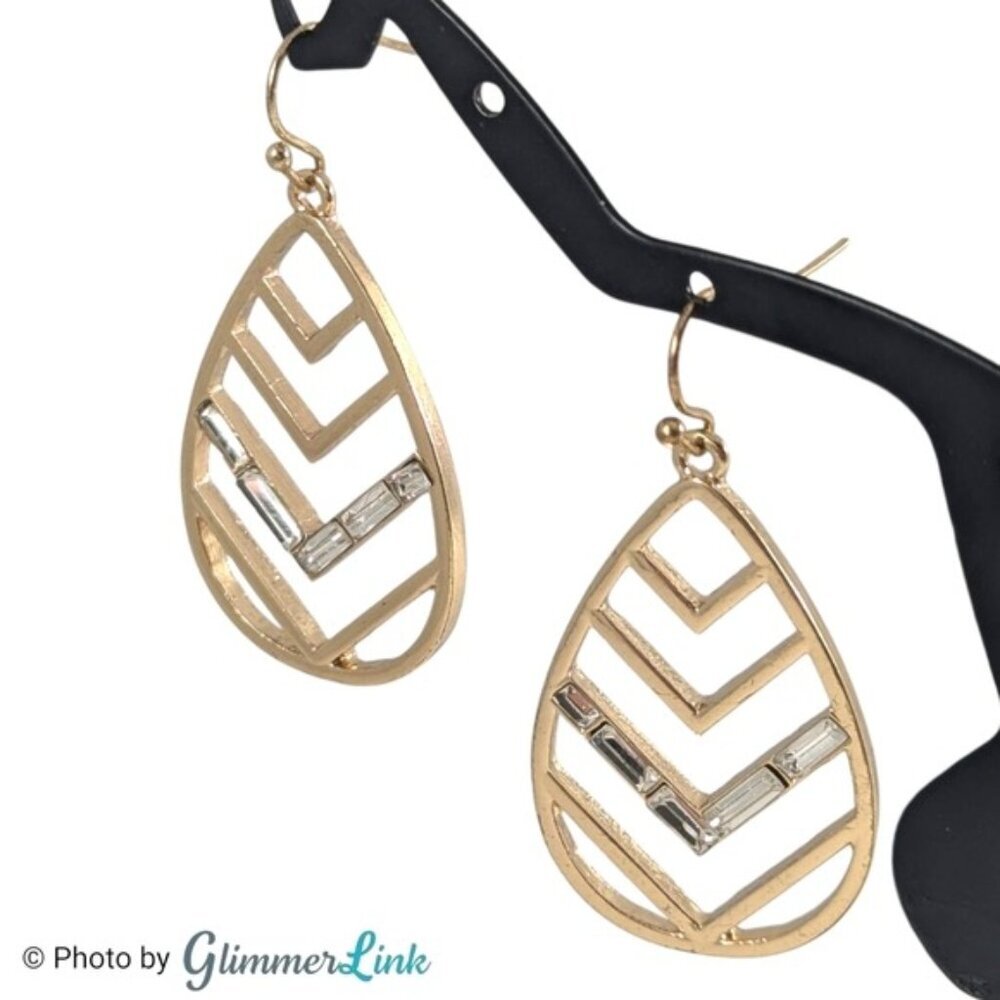 Teadrop Shaped Chevron Baguette Rhinestone Gold Tone Dangle Earrings